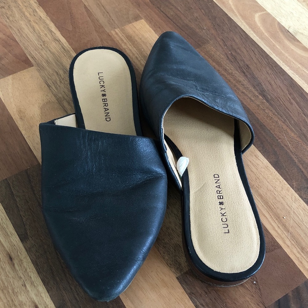 Lucky Brand Black Pointed Leather Slip-On Mules